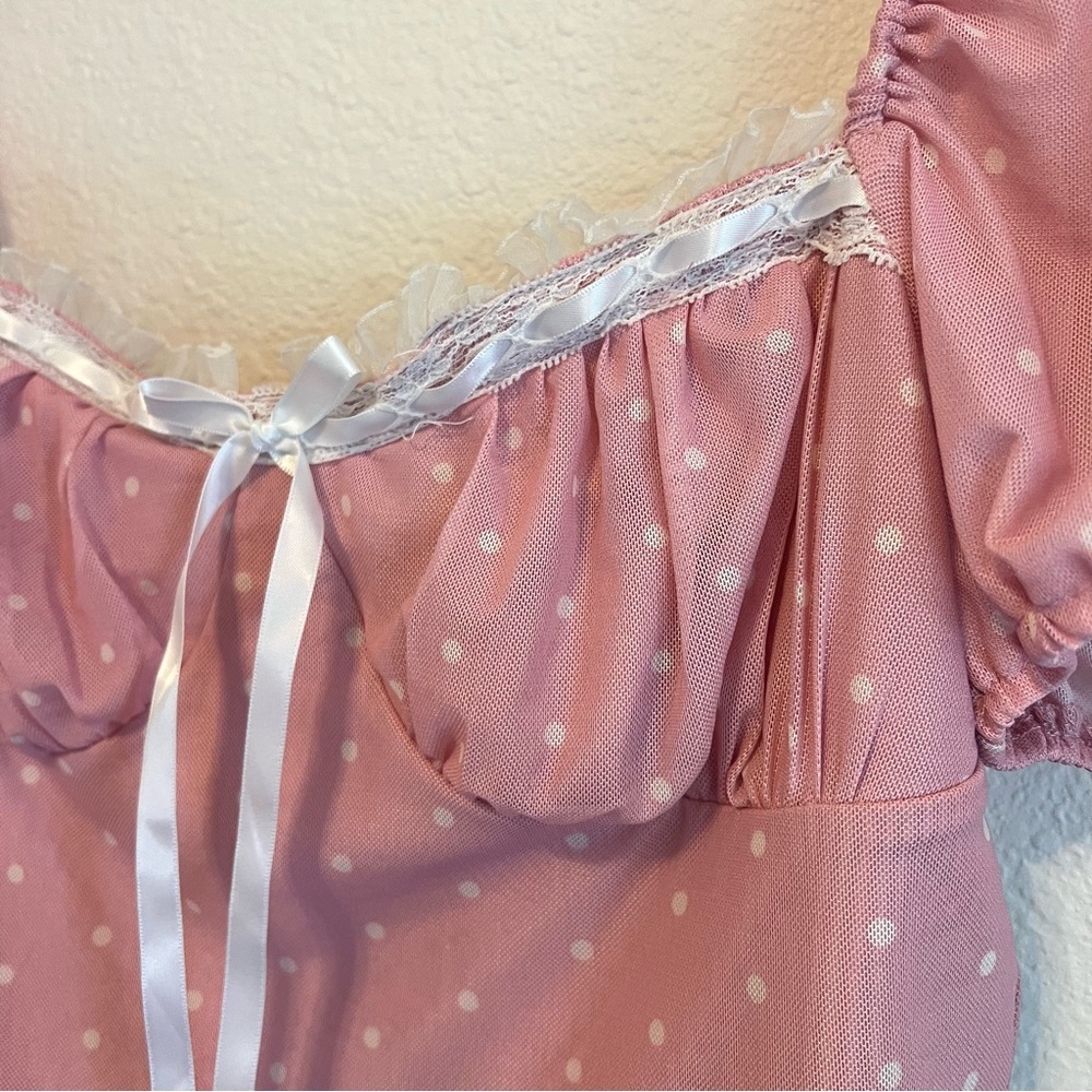 Sugar Thrillz lined mesh crop top, pink with white polka dots, puff short sleeve - Picture 3 of 13